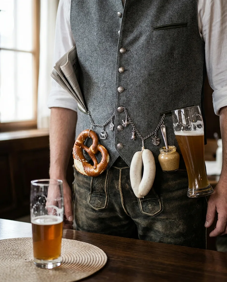 Set Frühschoppen: Zeitung, Brezn, Weißwurst, Senftopf, Weißbierglas, getragen im Wirtshaus
