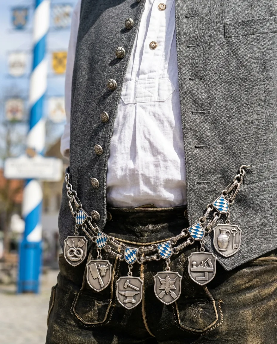 Set Maibaum: Zunftzeichen Bäcker, Zunftzeichen Metzger, Zunftzeichen Schmied, Zunftzeichen Brauer, Zunftzeichen Schreiner, Zunftzeichen Wirt, getragen auf dem Dorfplatz, unter dem Maibaum