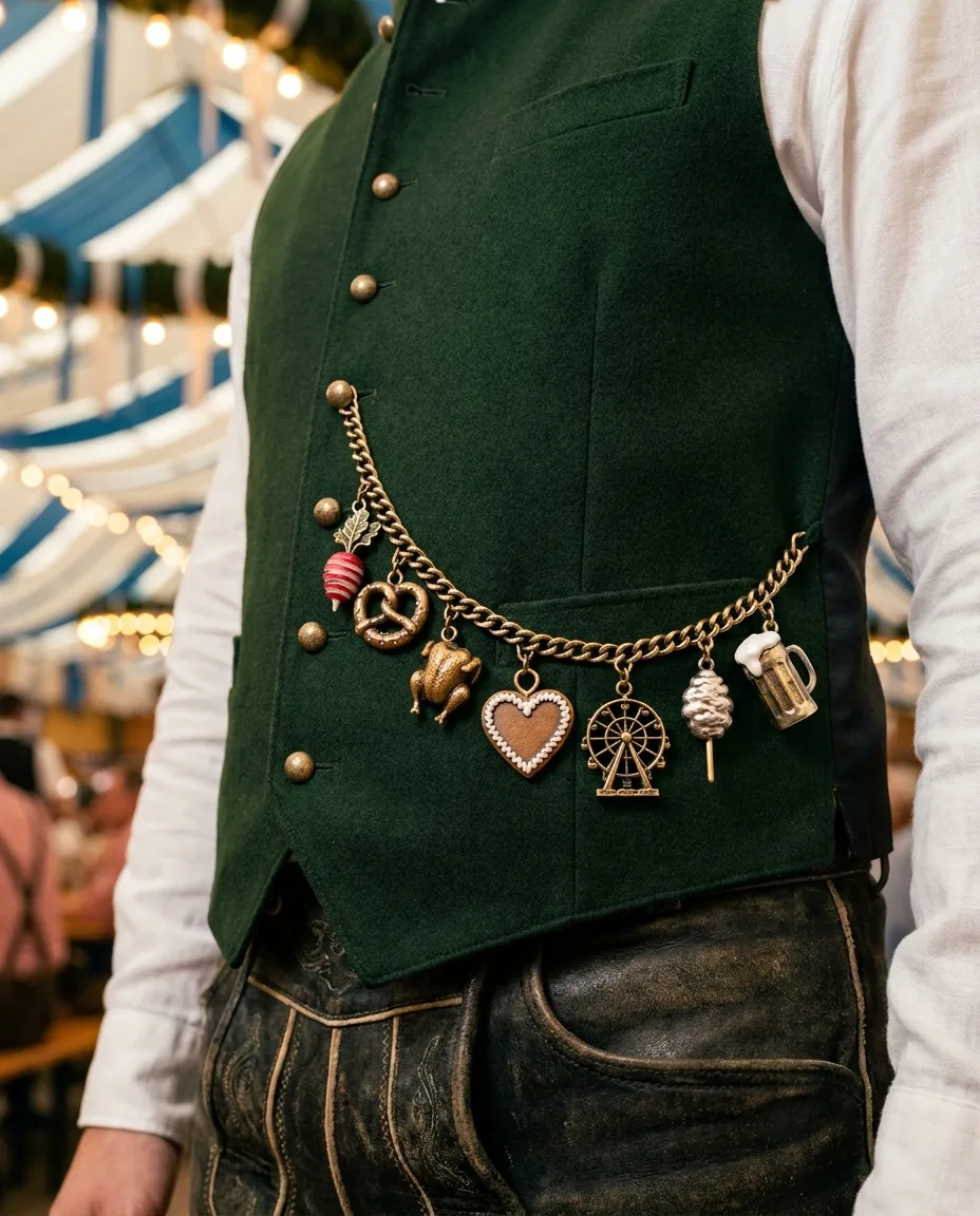 Set Wiesn: Radi, Brezn, Hendl, Lebkuchenherz, Riesenrad, Zuckerwatte, Maßkrug, getragen im Bierzelt